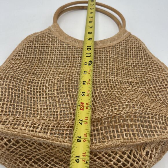 Handbag Tote Weaved Jute Floral Vase Design Wooden Handles Summer Beach Vacation - Picture 6 of 7